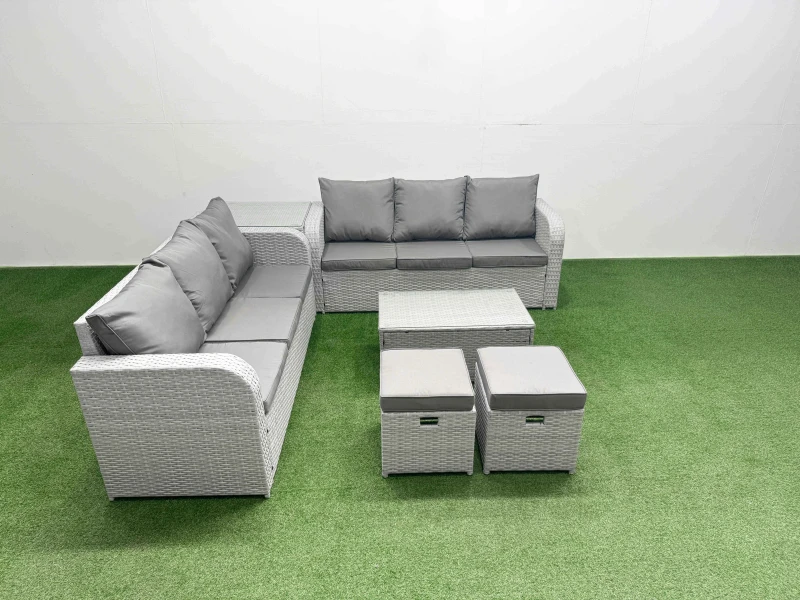 Image of Fimous Outdoor Garden Furniture Sets 8 Seater Wicker Rattan Furniture Sofa Sets with Rectangular Coffee Table high Back Lounge Sofa Stools Side Table