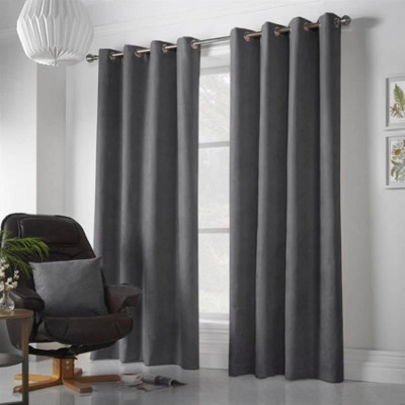 Image of Velvet Chenille Ready Made Eyelet Curtains Slate