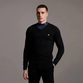 Image of Mens V Neck Cotton Merino Jumper - Jet Black - L