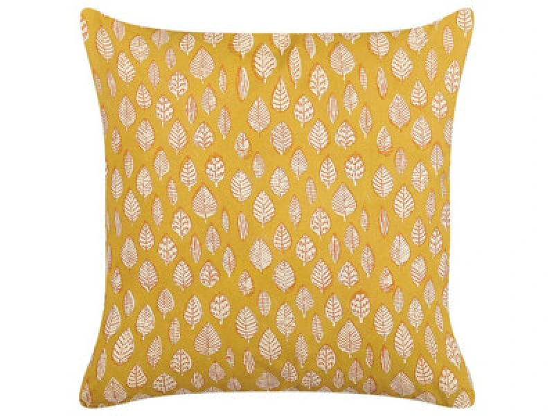 Image of Beliani Throw Cushion Ginnala Cotton 45 X 45cm Yellow Plant Pattern