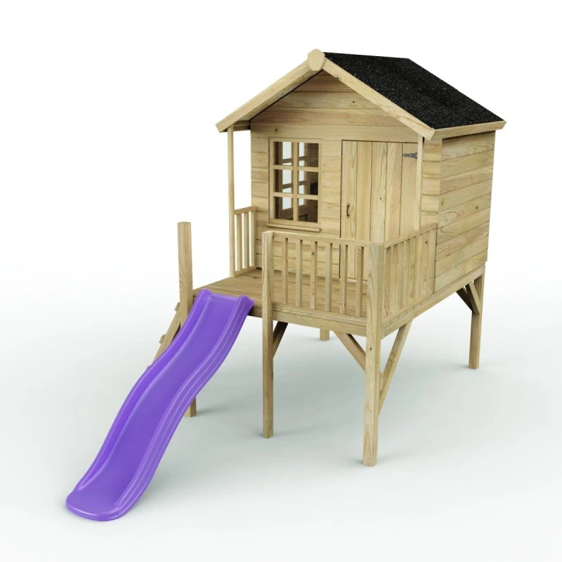 Image of Rebo 5ft x 5ft Wooden Garden Playhouse on Deck with 6ft Slide - Pheasant Purple Natural