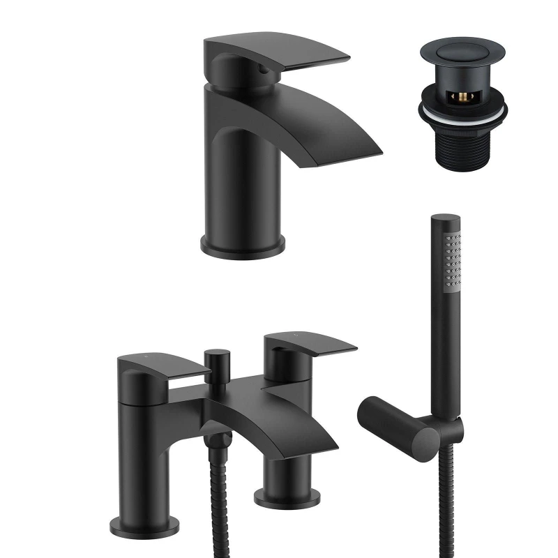 Image of Nes Home Round Matte Black Waterfall Basin Mixer and Bath Mixer Taps with Waste Black unisex