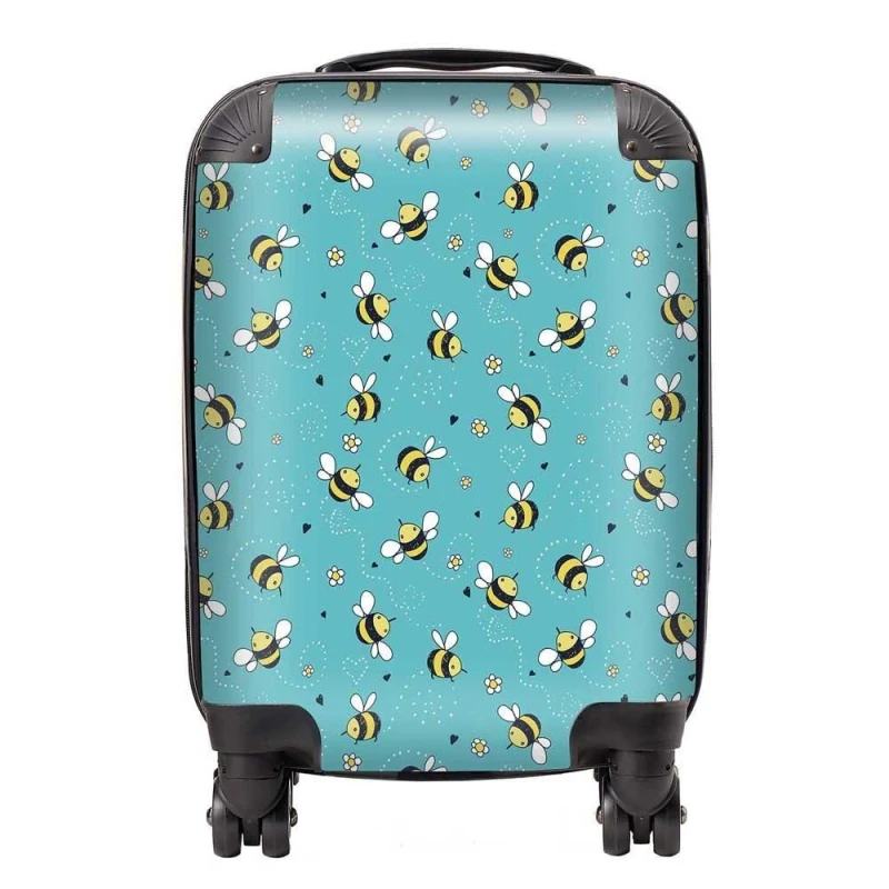 Image of Warren Reed - Designer Hand Drawn Busy Bees Suitcase in Blue Size: Small Blue Unisex Small