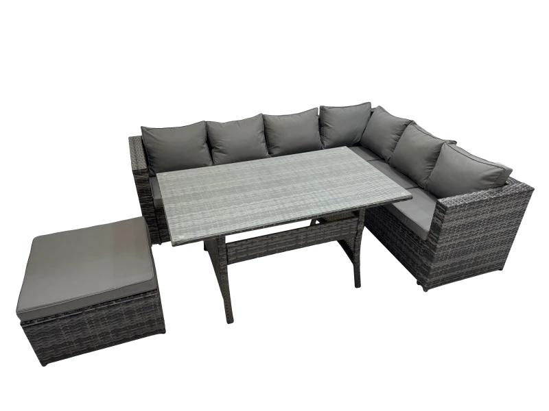 Image of Fimous 7 Seater Patio Dining Corner Sofa Sets with Big Stool Dark Grey Mixed Dark Grey Unisex