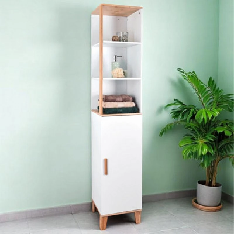 Image of Showerdrape Catania White & Bamboo Freestanding Bathroom Tall Boy Cabinet White