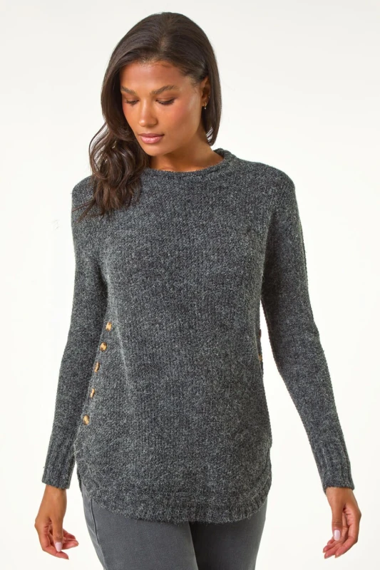 Image of Roman Womens Button Detail Curved Hem Jumper in Black Size: 16 Black Female 16