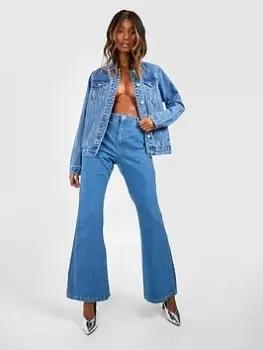 Image of Boohoo High Waisted Disco Flare Jean - Mid Wash, Blue, Size 14, Women
