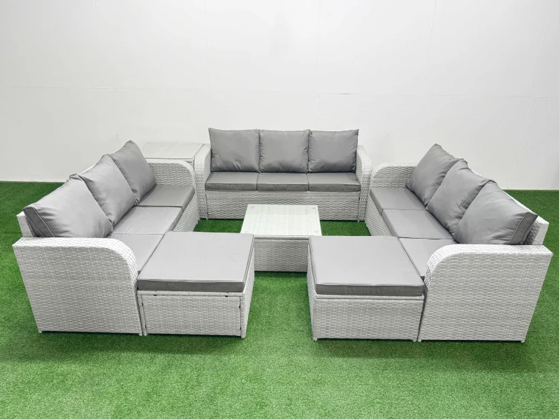 Image of Fimous PE Rattan Lounge Sofa Set 11 Seater Outdoor Garden Furniture Set with Square Coffee Table 3 Seater Sofa 2 Big Footstools Side Table Light Grey