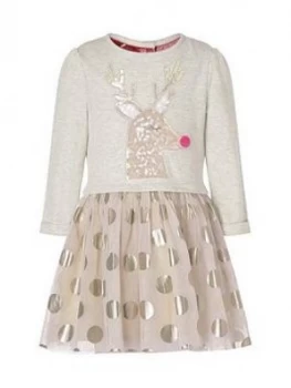 Image of Monsoon Baby Girls Christmas Reindeer Sweat Disco Dress - Pink, Size 3-4 Years