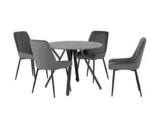 Image of Seconique Athens Concrete Effect Round Dining Table with 4 Avery Grey Velvet Chairs