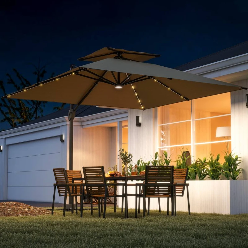 Image of Outsunny 3.5m Aluminium Cantilever Parasol w/ LED Lights Crank Tilt UV50+ Grey 84D-433V00CG