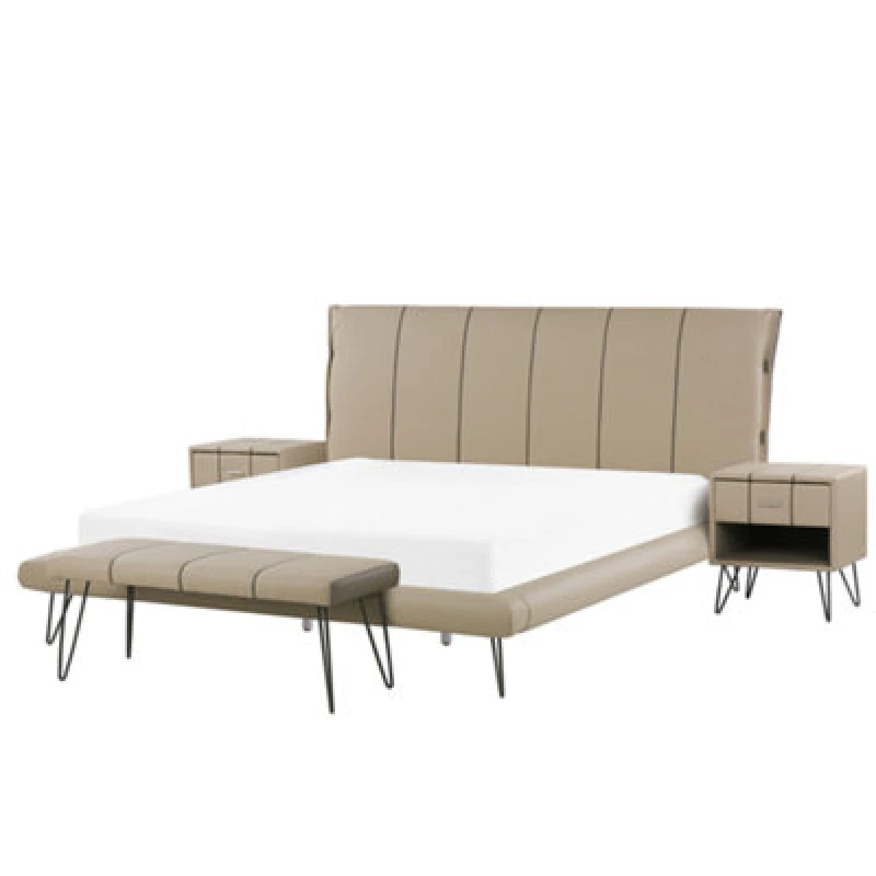 Image of Beliani Bedroom Set Faux Leather Betin 180 X 200 Cm (Eu Super King) Sand Beige