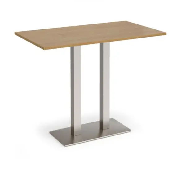 Image of Eros Eros rectangular poseur table with flat brushed steel rectangular base and twin uprights 1400mm x 800mm - oak EPR1400-BS-O
