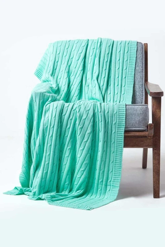 Image of Homescapes Cotton Cable Knit Pastel Green Throw, 150 X 200 Cm