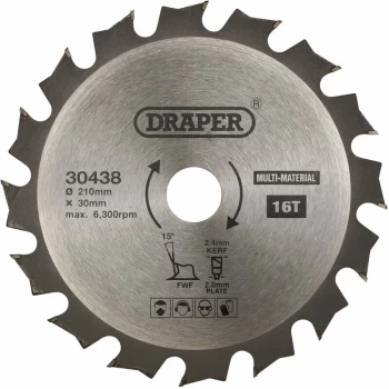 Image of TCT Multi Purpose Circular Saw Blade, 210 x 30mm, 16T [30438] - Draper
