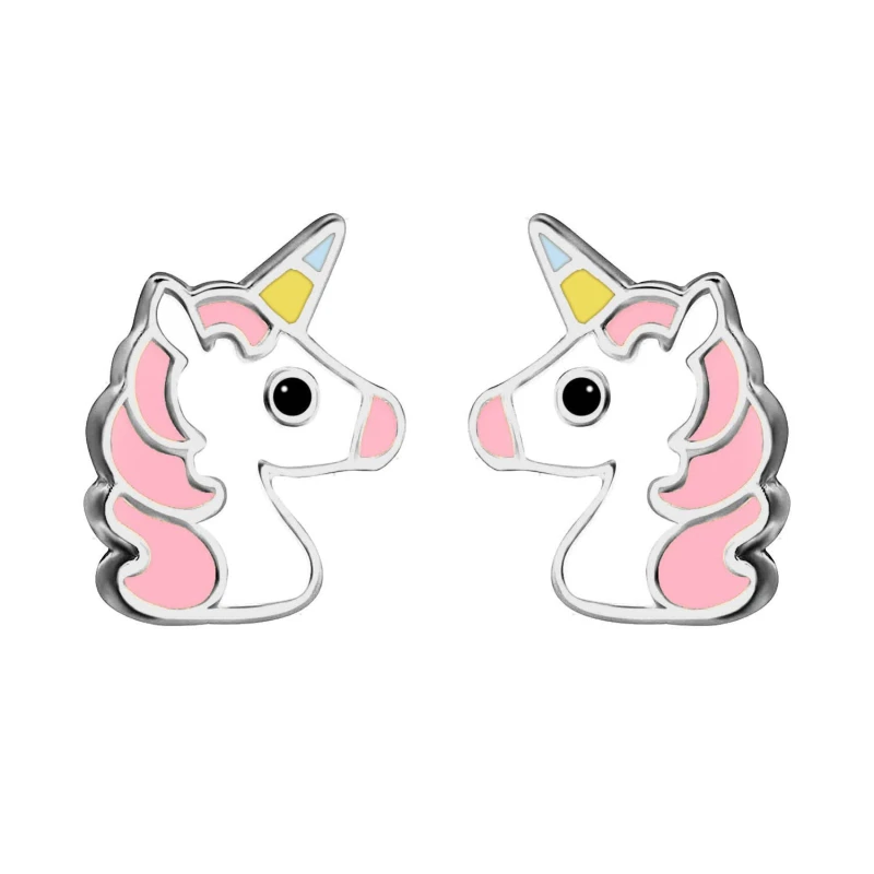 Image of Jewelco London Silver Enamel Cute Cartoon Unicorn Stud Earrings 9mm - AES127 Silver female