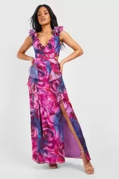Image of Floral Ruffle Belted Chiffon Maxi Dress