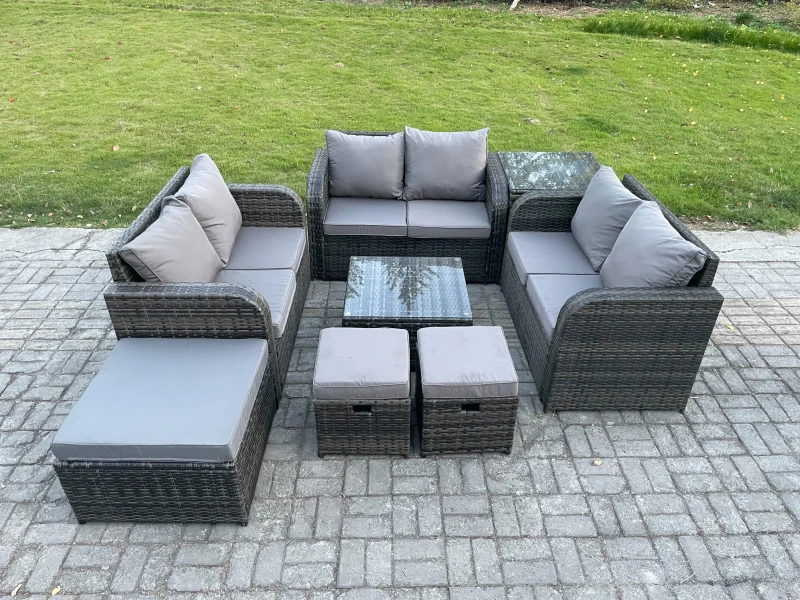 Image of Fimous 9 Seater Outdoor Garden Furniture Sets Wicker Rattan Furniture Sofa Sets with Square Coffee Table Love seat Sofa 3 Footstools Side Table Dark G