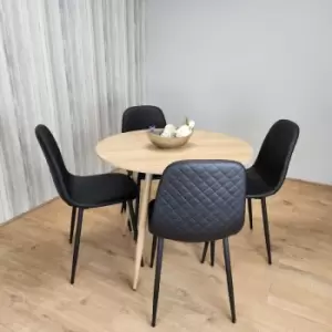 Image of Round Oak Effect Kitchen Dining Table With 4 Black Faux Leather Padded Chairs Dining Set