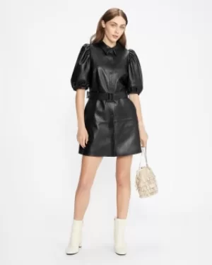 Image of Puff Sleeve Leather Shirt Dress