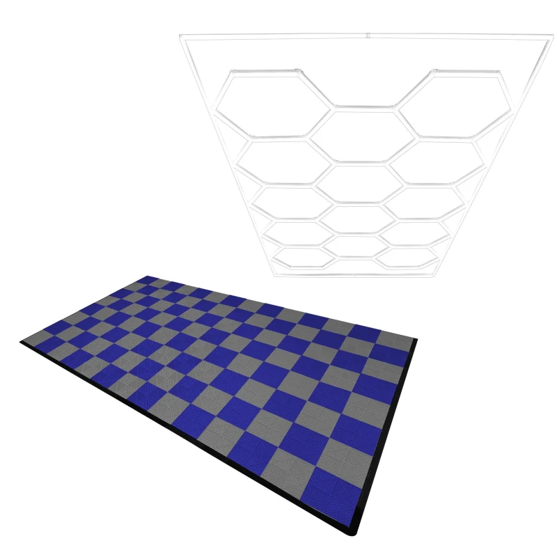 Image of Monstershop Hexagon LED Light & Vented Garage Floor Tiles With Edges - 60 Grey & 60 Blue Green
