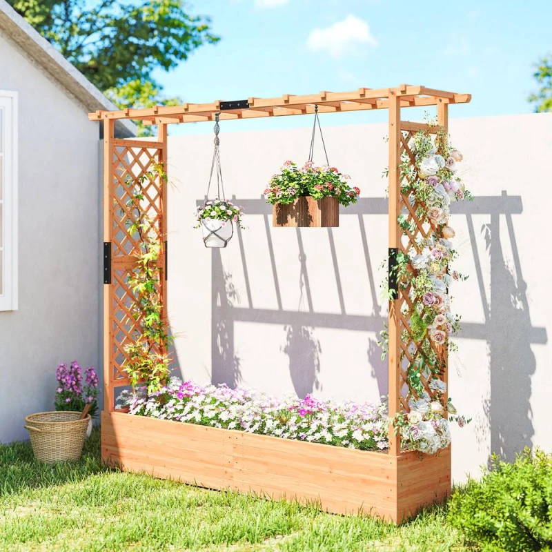Image of OUTSUNNY Raised Bed for Garden with Trellis, 196 x 44 x 181 cm, Natural Size: 196 x 44 x 181cm Natural Unisex 196 x 44 x 181 cm