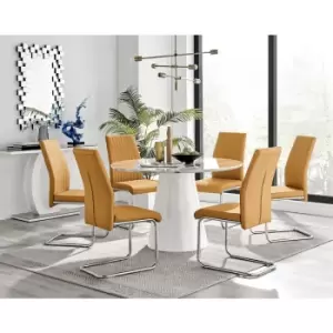 Image of Furniturebox Palma White Marble Effect 120cm Round Minimalist Dining Table & 6 Mustard Lorenzo Silver Leg Faux Leather Chairs