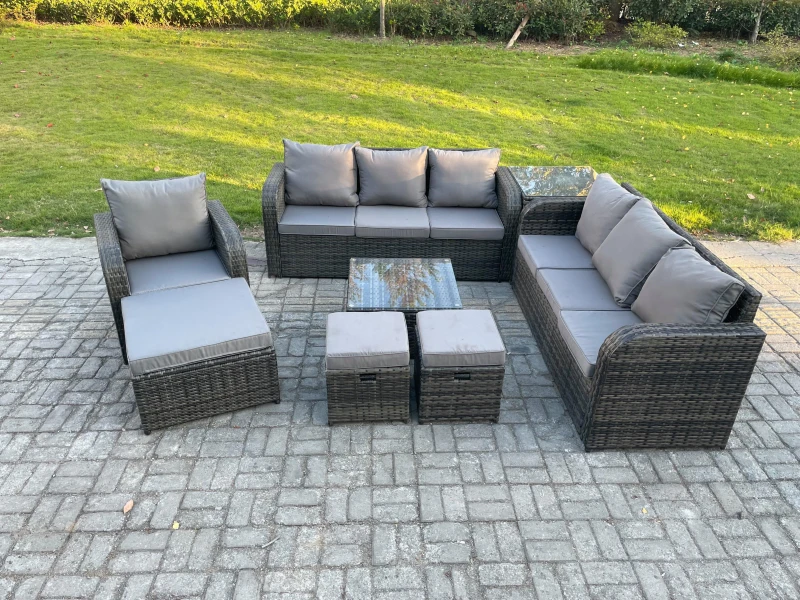 Image of Fimous 10 Seater Outdoor Rattan Garden Furniture Set Conservatory Patio Sofa Coffee Table With 3 Footstools Side Table Dark Grey Mixed Dark Grey