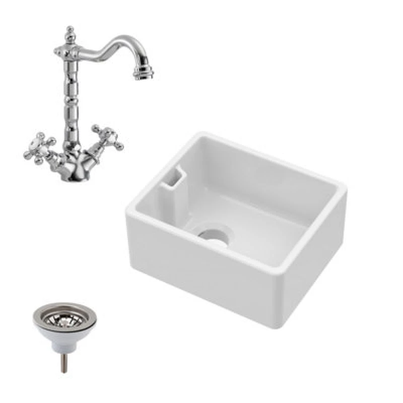 Image of Balterley Fireclay Belfast Kitchen Sink Waste and Tap 445mm White