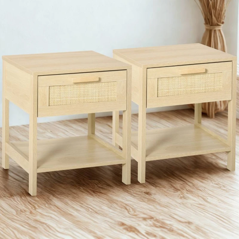 Image of FURNOS 2PC Bedside Night Tables With Rattan Drawer & Shelf in Brown Brown Unisex