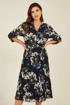 Image of Navy Floral Print Gold Buckle Midi Dress