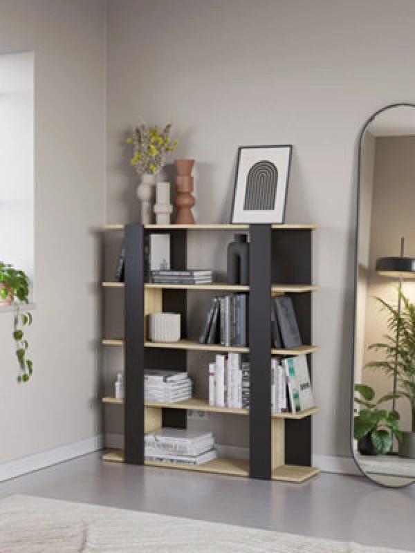 Image of Decortie Tita 4 Tier Modern Bookcase Wall Mounted Shelving Unit Black, Oak 122Cm