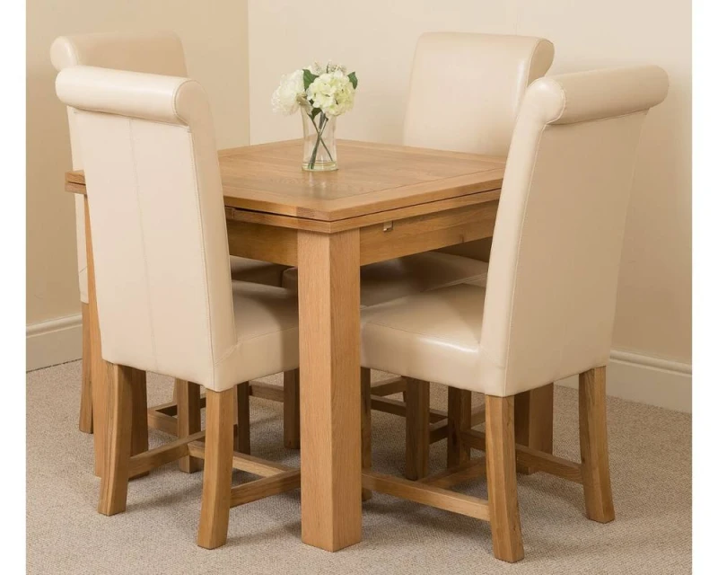 Image of Thats Furniture Richmond 90-150cm Oak Extending Dining Table + 4 Washington Leather Chairs in Cream Cream Unisex