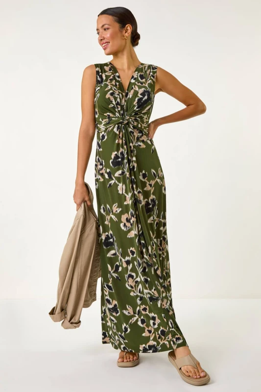 Image of Roman Womens Leaf Print Twist Front Maxi Dress in Khaki Size: 10 Khaki Female 10
