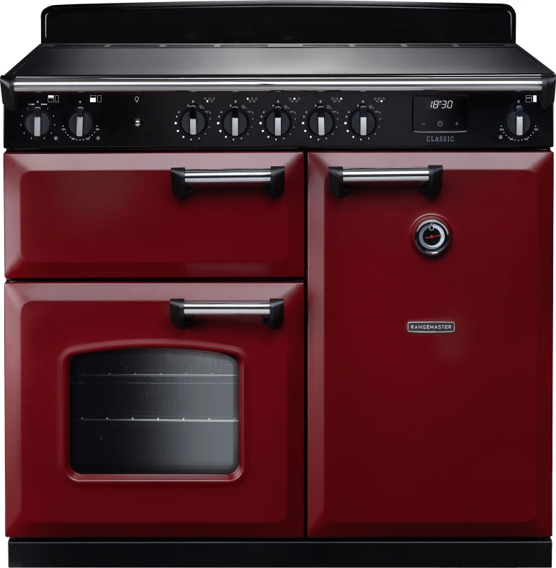 Image of Rangemaster Classic CL100EIPBOR/CM1 100cm wide Electric Range Cooker with Induction Hob - Bordeaux / Chrome - A/A Rated