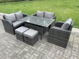 Image of Fimous 5 Seater Outdoor Dark Grey Rattan Lounge Complete Sofa Set with Rectangular Dining Table, Reclining Chair and 2 Stools