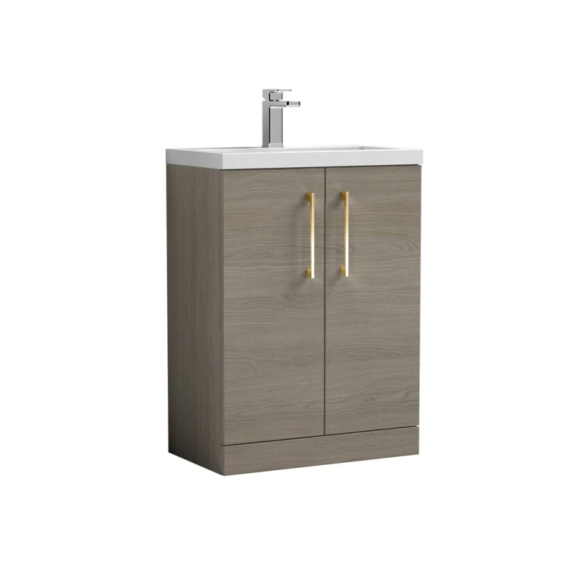 Image of Balterley Bathroom Vanity Basin Unit, Brushed Brass Handles, 600mm, Mid Oak in Brown Brown Unisex
