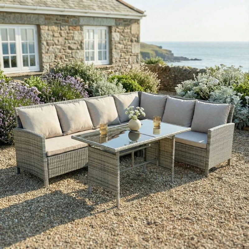 Image of Home Garden Direct Alia Rattan Corner 6 Seater Sofa Dining Set with Glass Table Grey Grey Unisex