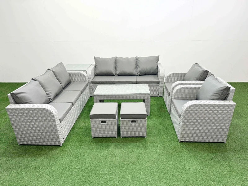 Image of Fimous PE Rattan High Back Lounge Sofa Set Patio Oblong Coffee Table & Chairs Set with 3 Seater Sofa Reclining Chair Stools Side Table Light Grey Ligh