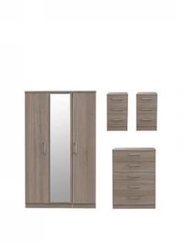 Image of Swift Halton Part Assembled 4 Piece Package - 3 Door Mirrored Wardrobe, 5 Drawer Chest And 2 Bedside Chests