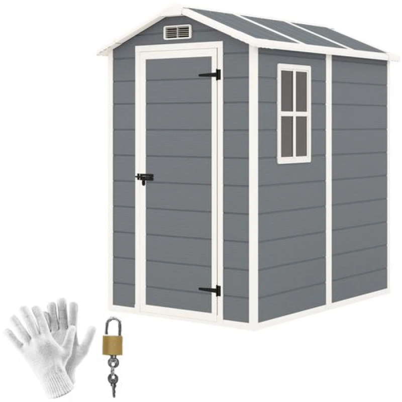 Image of Outsunny 4 x 6ft Plastic Garden Shed with Floor, Window and Lockable Door Grey