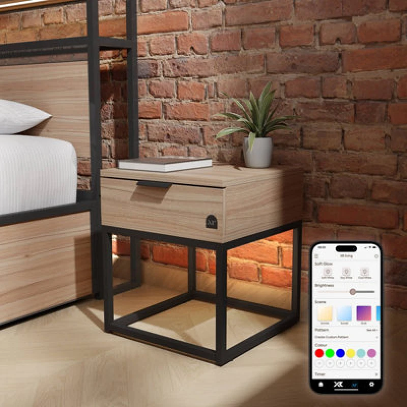 Image of XR Living Denver Bedside Table With LED App Control Lights - Oak / Black 2024190