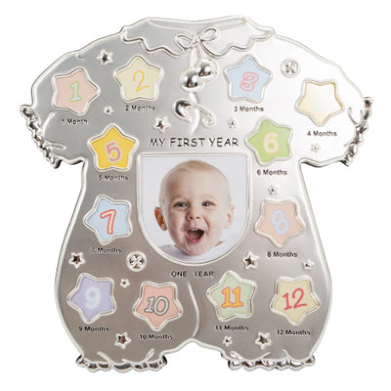 Image of Happy Homewares Baby Sleep Suit Shape My First Year Matt And Silver Plated Multi Picture Frame