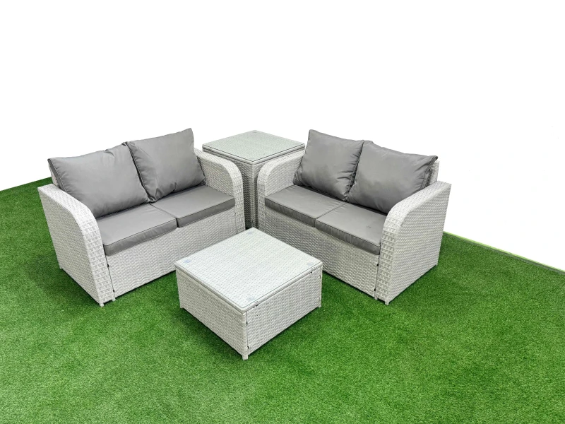 Image of Fimous 4 Seater Outdoor Love Sofa Set Rattan Garden Furniture Set with Square Coffee Table Side Table Light Grey Light Grey
