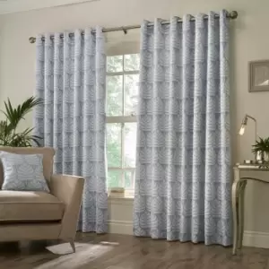 Image of Horto Jacquard Botanical Lined Eyelet Curtains, Blue, 90 x 54" - Paoletti