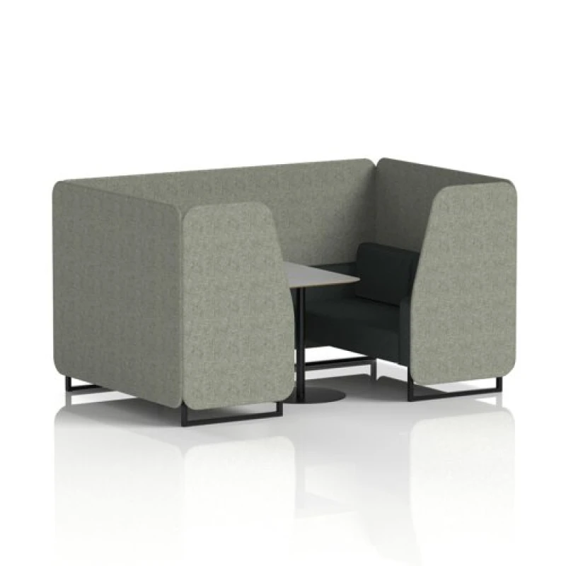 Image of Brixworth 4 Seater Office Booth with Front Panel - Black Legs and Grey Table with Black Leg in Rivet Fabric - Vitreous Panels and Charcoal Sofa