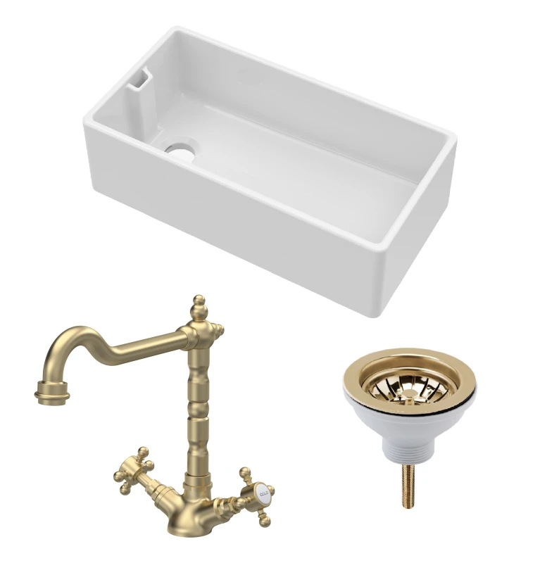 Image of Balterley Fireclay Kitchen Bundle 1 Bowl Belfast Sink With Strainer Waste & French Classic Mono Tap, 895mm Brushed Brass