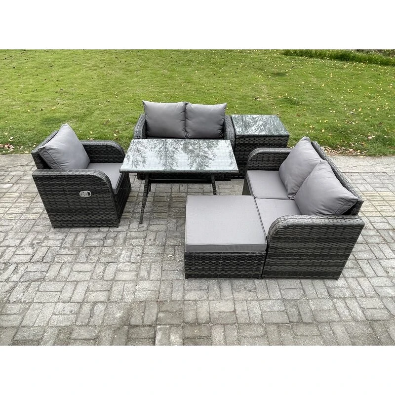 Image of Fimous 6 Pieces Outdoor Garden Dining Sets Rattan Furniture With Dining Table Armchairs Love Sofa Big Footstool Side Table Dark Grey Mixed Dark Grey