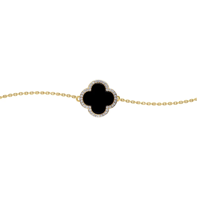 Image of Jewelco London Gold-plated Silver Black Clover Onyx CZ Charm Bracelet 7-8.5" - ABB241-GP Gold