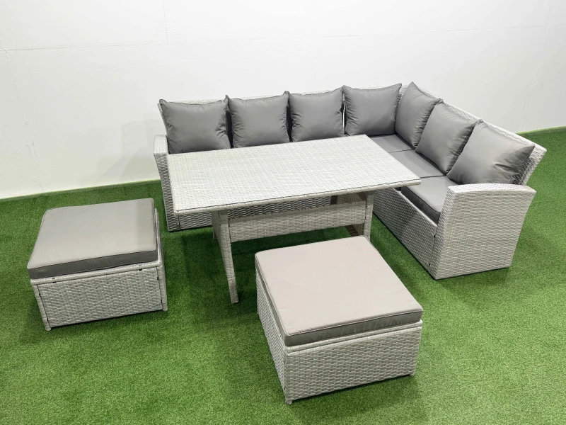 Image of Fimous Rattan Garden Furniture Set Outdoor 8 Seater Patio Dining Corner Sofa Sets With Dining Table 2 Big Footstools Light Grey